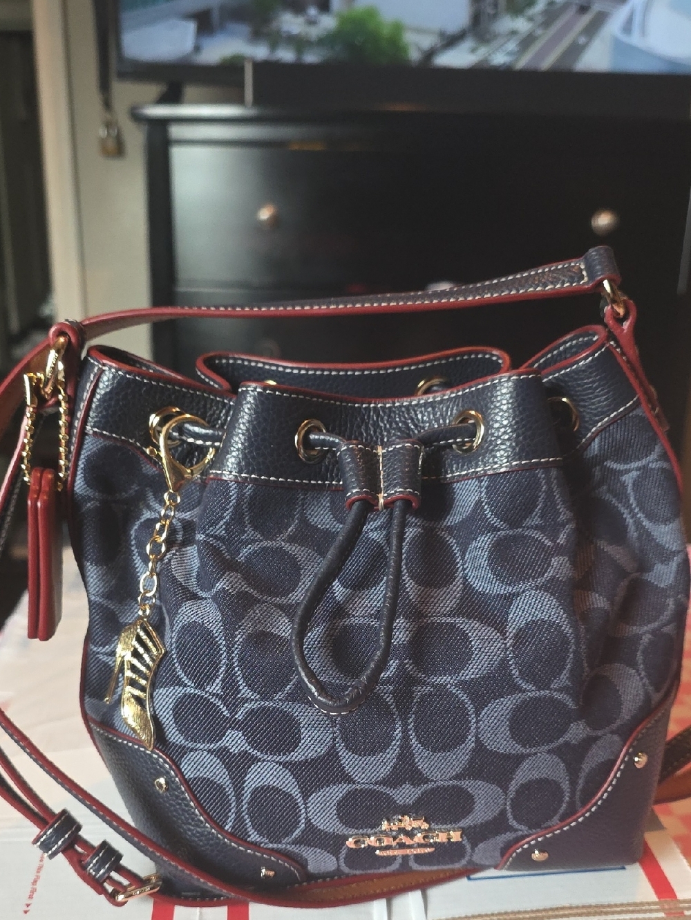 Coach Navy Signature Canvas Drawstring Bucket Bag with Red Trim - Picture 2 of 4